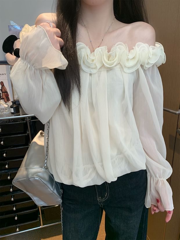 Off-Shoulder Solid Blouse with Flower Accent Long Sleeve