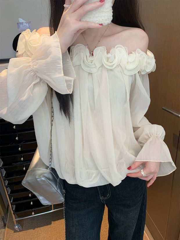 Off-Shoulder Solid Blouse with Flower Accent Long Sleeve