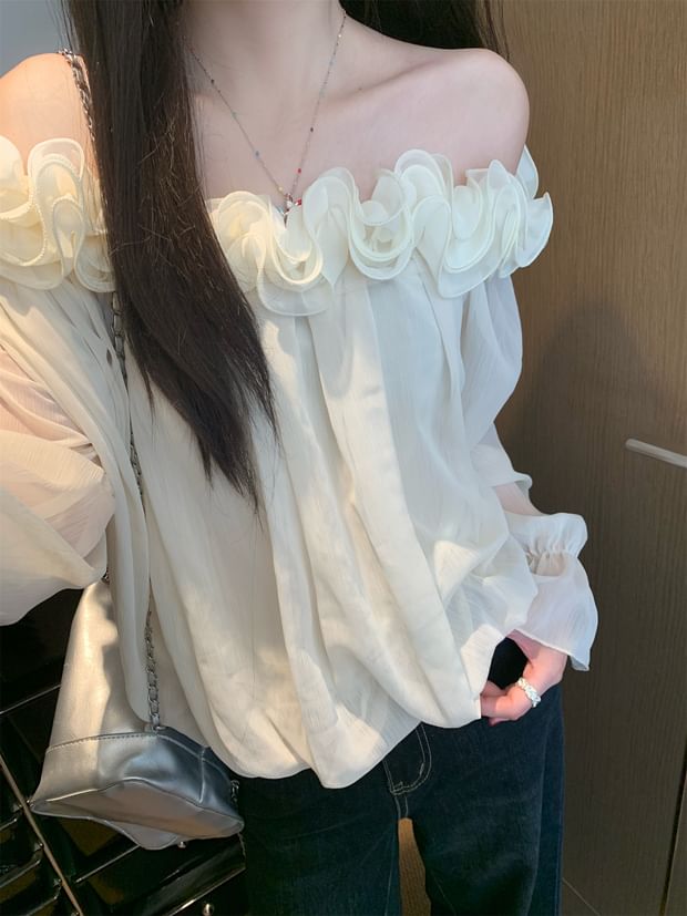 Off-Shoulder Solid Blouse with Flower Accent Long Sleeve