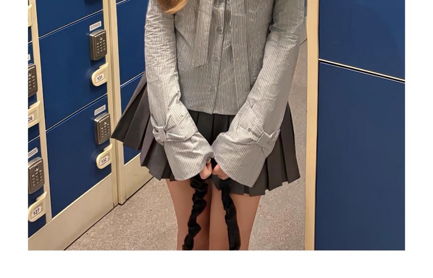 Striped Off-Shoulder Bow Slim Fit Long-Sleeve Blouse