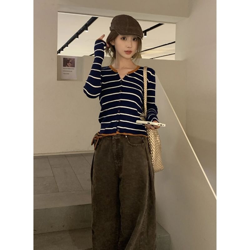 Notch Neck Striped Button Knit Top with Long Sleeves