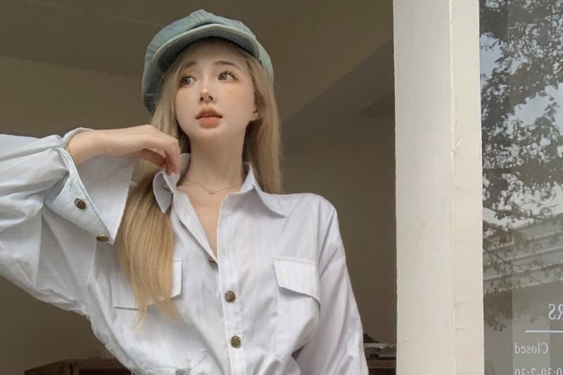 Oversized Striped Shirt with Belt and Long Sleeves Set