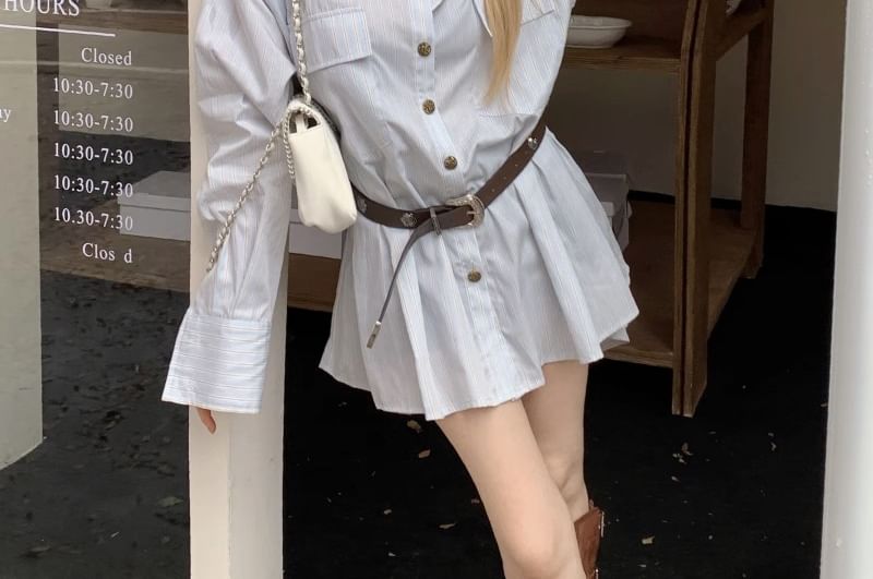 Oversized Striped Shirt with Belt and Long Sleeves Set