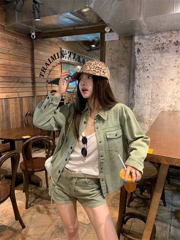 Long-Sleeve Collared Washed Denim Button Shirt / High Waist Washed Denim Shorts with Belt