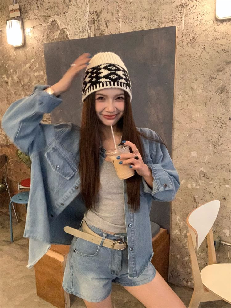 Long-Sleeve Collared Washed Denim Button Shirt / High Waist Washed Denim Shorts with Belt