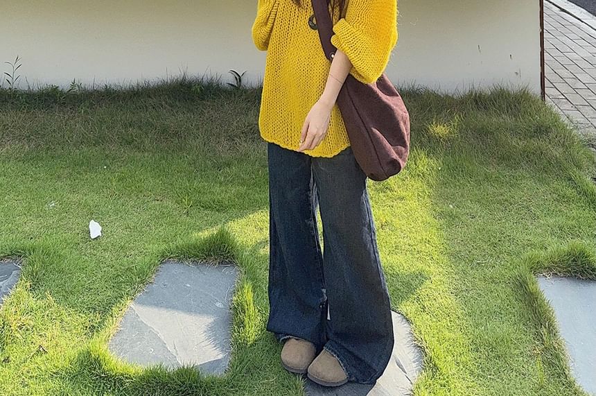 Oversized Sweater with V-Neck and Solid Pattern