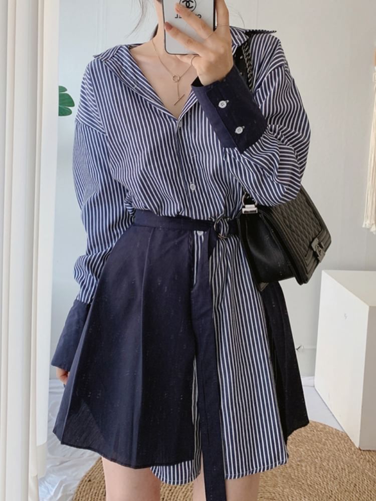 Striped Button-Up Tunic Shirt Dress & Pleated Hem Set Long Sleeve