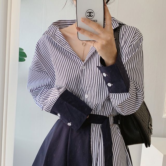 Striped Button-Up Tunic Shirt Dress & Pleated Hem Set Long Sleeve