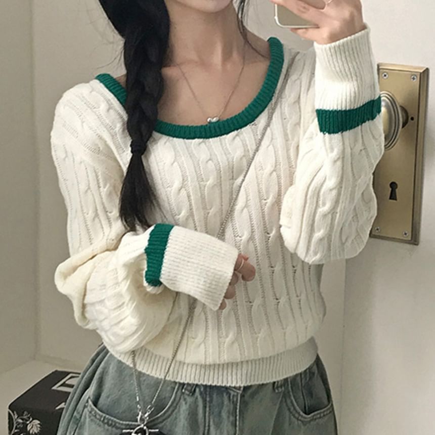 Cable Knit Scoop Neck Sweater with Contrast Trim