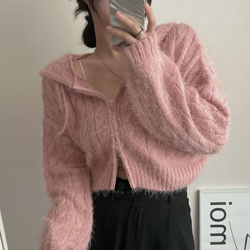 Cable Knit Zip-Front Cropped Hoodie in Solid Color