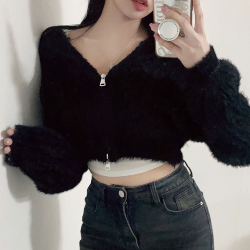 Cable Knit Zip-Front Cropped Hoodie in Solid Color