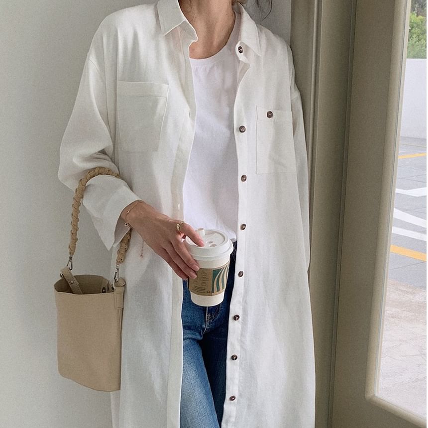 Button-Front Midi Tunic Shirt Dress & Belt Long Sleeve Set