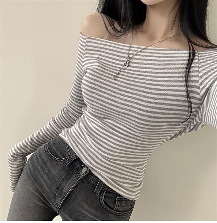 Off-Shoulder Striped Slim Fit Tee with Long Sleeves
