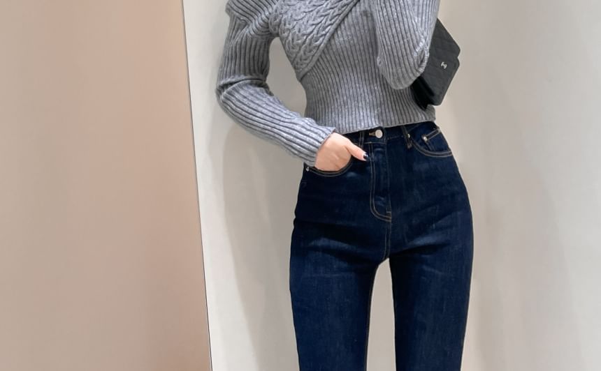 Off-Shoulder Asymmetrical Cable Knit Crop Top Long Sleeve