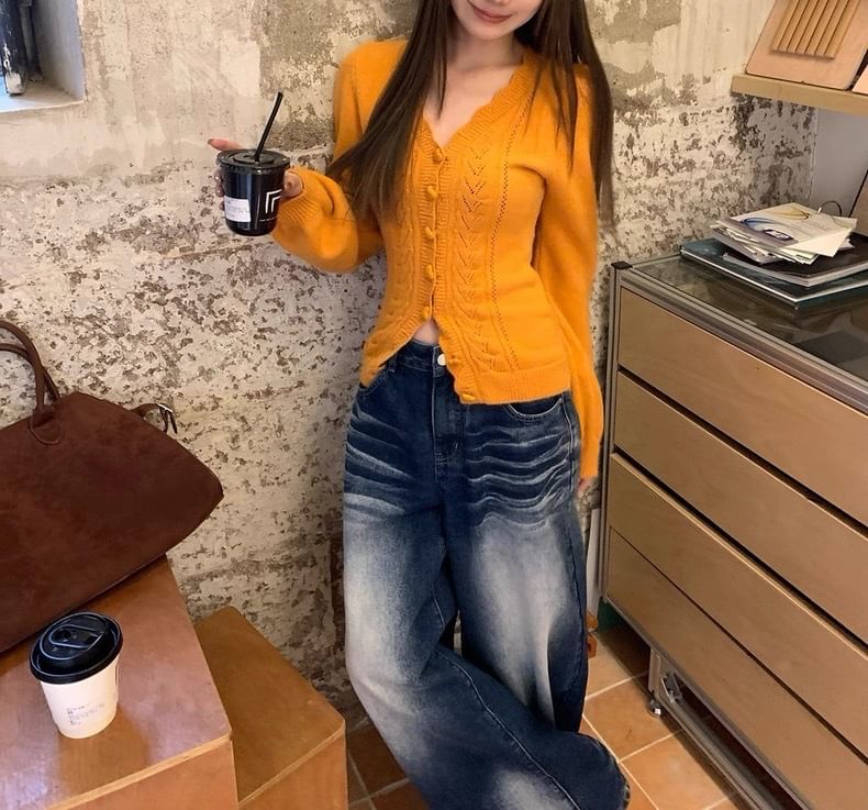 V-Neck Plain Pointelle Cable Knit Cardigan