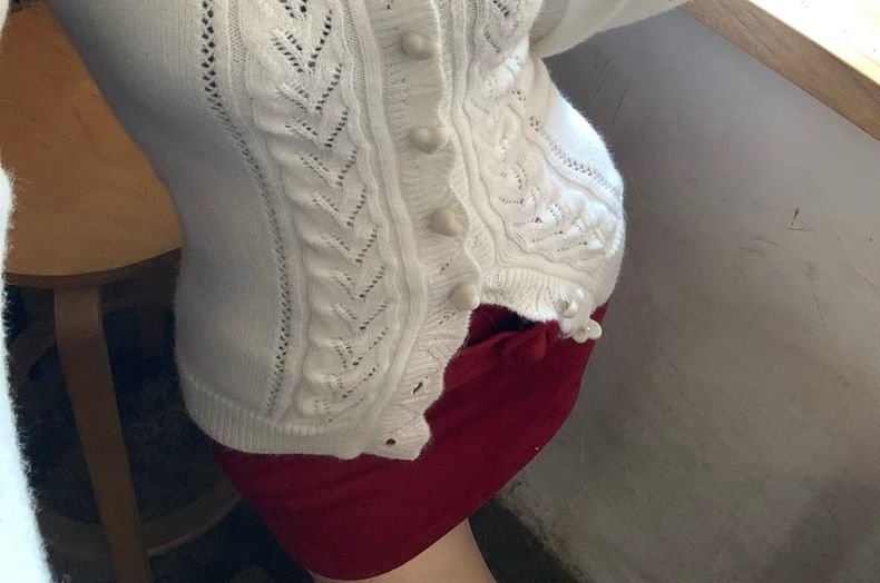 V-Neck Plain Pointelle Cable Knit Cardigan