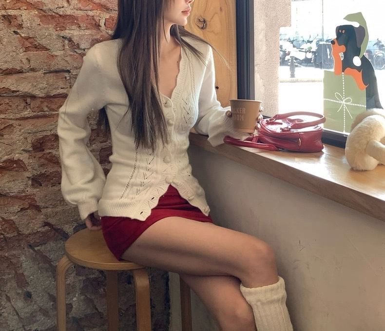 V-Neck Plain Pointelle Cable Knit Cardigan