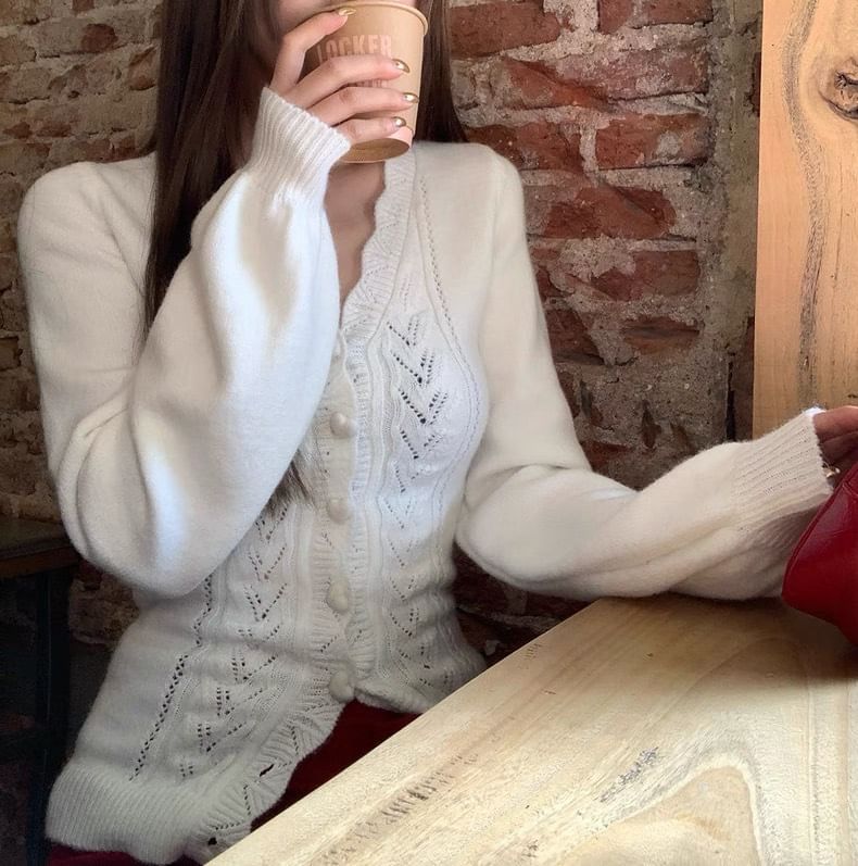 V-Neck Plain Pointelle Cable Knit Cardigan