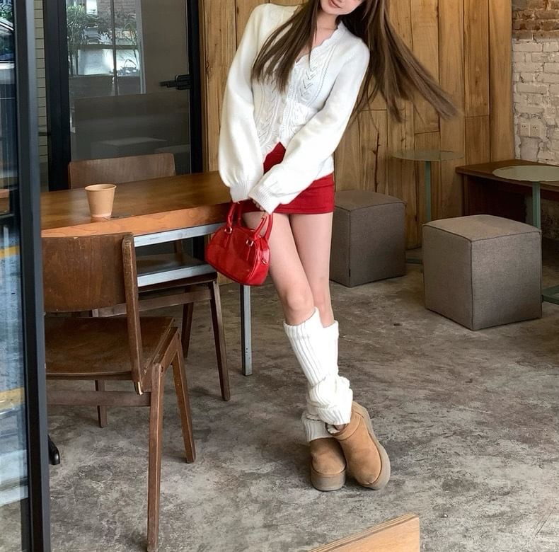 V-Neck Plain Pointelle Cable Knit Cardigan