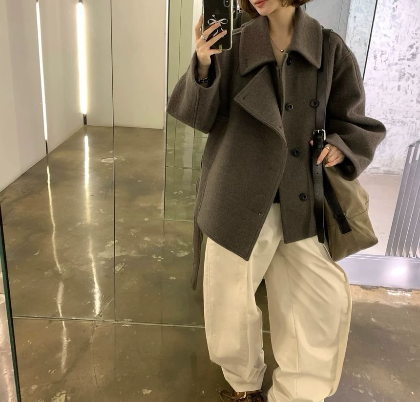 Collared Plain Double Breasted Jacket