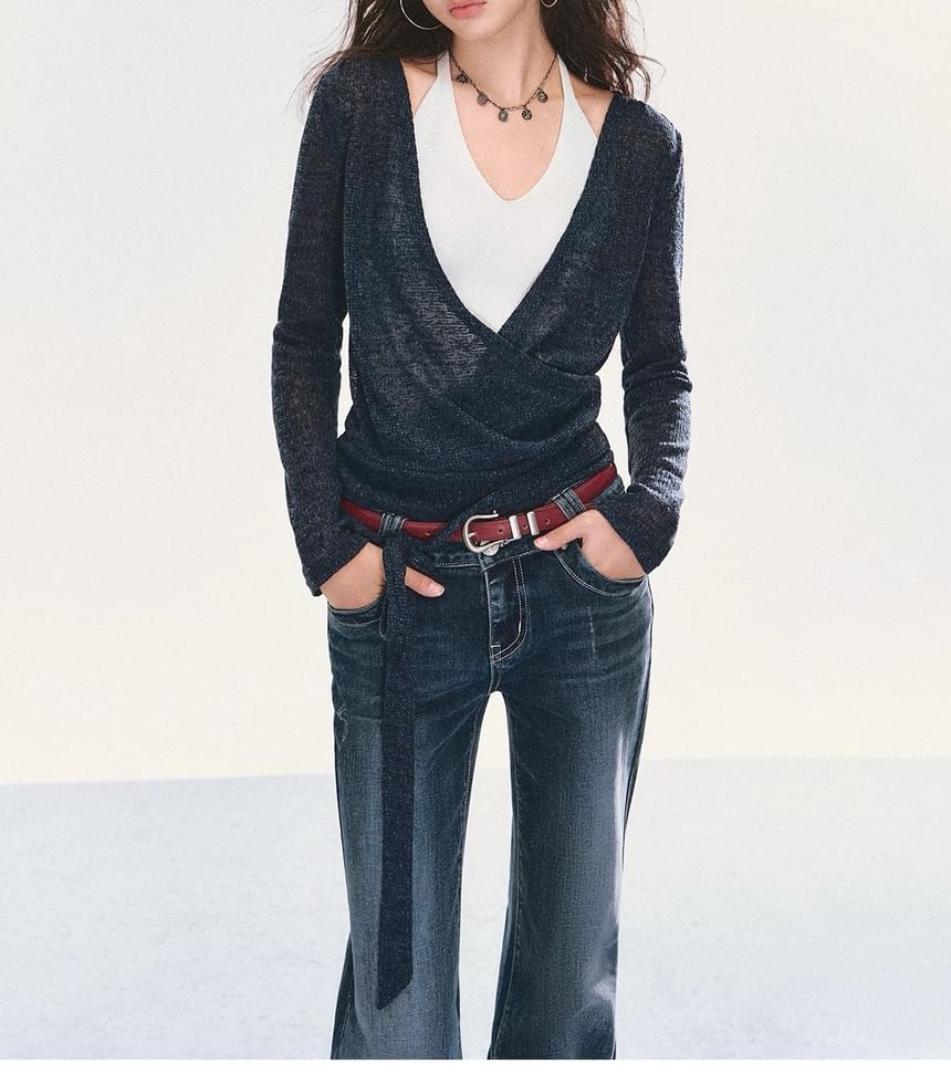 Long Sleeve V-Neck Plain Tie-Up Knit Wrap Top