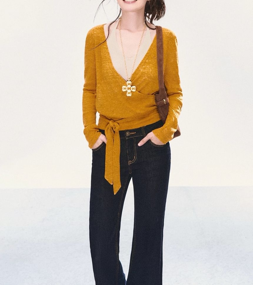 Long Sleeve V-Neck Plain Tie-Up Knit Wrap Top