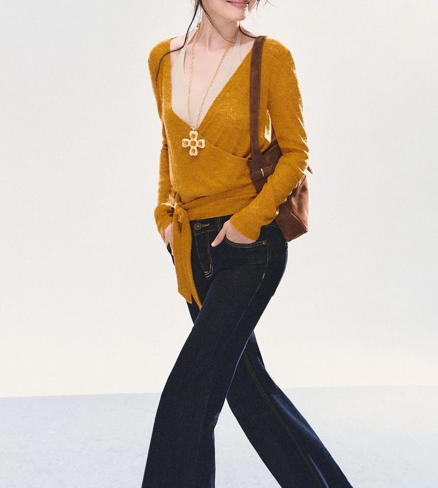 Long Sleeve V-Neck Plain Tie-Up Knit Wrap Top