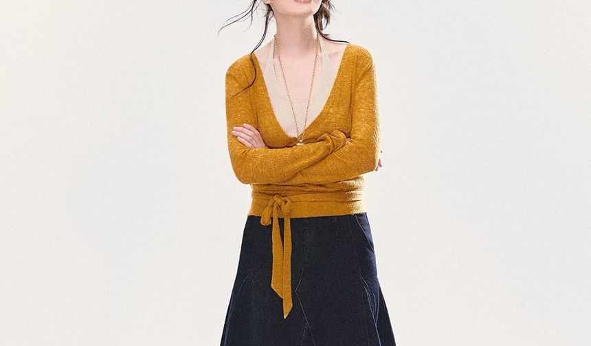 Long Sleeve V-Neck Plain Tie-Up Knit Wrap Top