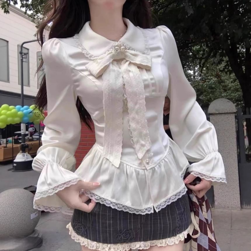 Long Sleeve Collared Plain Bow Ruffle Panel Lace Blouse / V-Neck Plaid Button Vest / High Waist Lace Trim Mini A-Line Skirt / Set