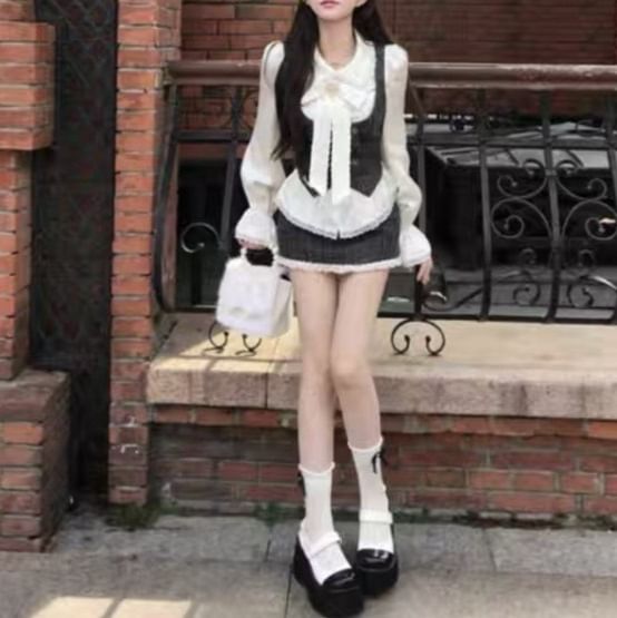 Long Sleeve Collared Plain Bow Ruffle Panel Lace Blouse / V-Neck Plaid Button Vest / High Waist Lace Trim Mini A-Line Skirt / Set