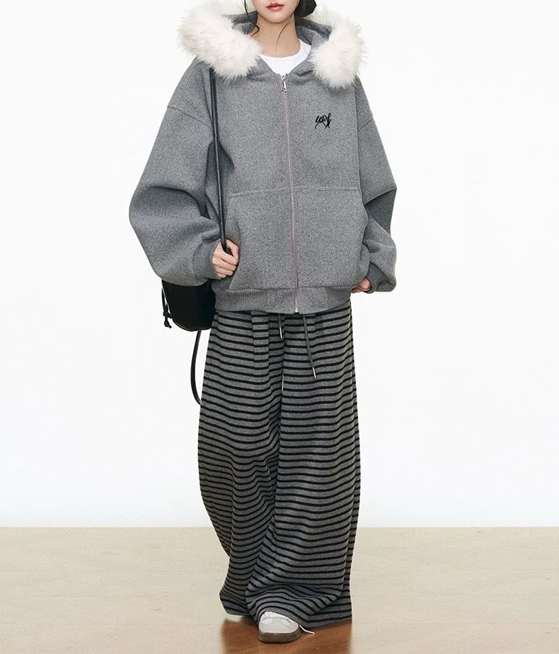 Embroidered Fluffy Trim Zip Hoodie / Drawstring Waist Striped Wide Leg Pants