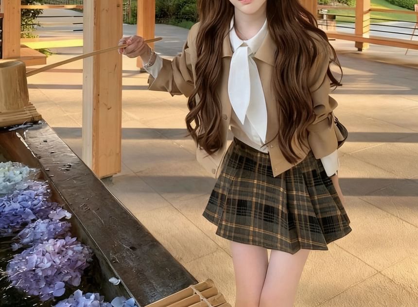 Long Sleeve Collared Plain Tie-Up Shirt / Collared Plain Button Trench Jacket / High Rise Plaid Pleated Mini A-Line Skirt