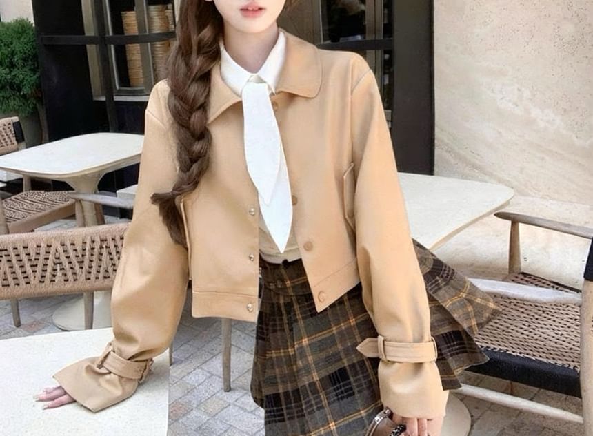Long Sleeve Collared Plain Tie-Up Shirt / Collared Plain Button Trench Jacket / High Rise Plaid Pleated Mini A-Line Skirt
