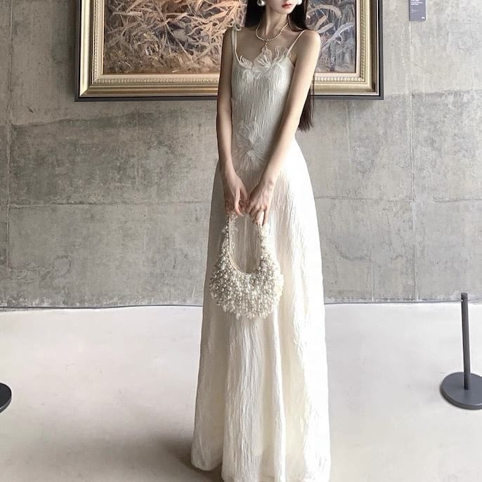 Tie Shoulder Plain Floral Applique Maxi A-Line Dress / Cape