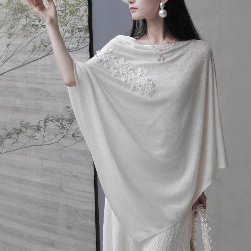 Tie Shoulder Plain Floral Applique Maxi A-Line Dress / Cape