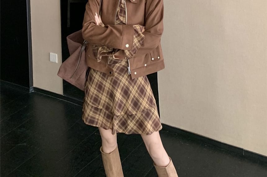 Long Sleeve Cold Shoulder Plaid Ruffle Mini A-Line Dress / Belt / Band Collar Plain Faux Suede Zip Jacket / Set