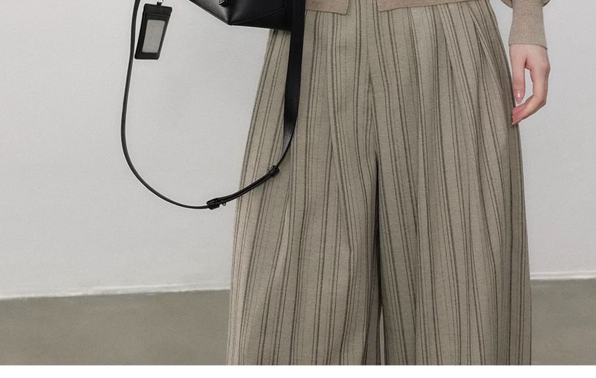 Long Sleeve V-Neck Mock Two Piece Button Knit Top / High Waist Striped Wide Leg Pants
