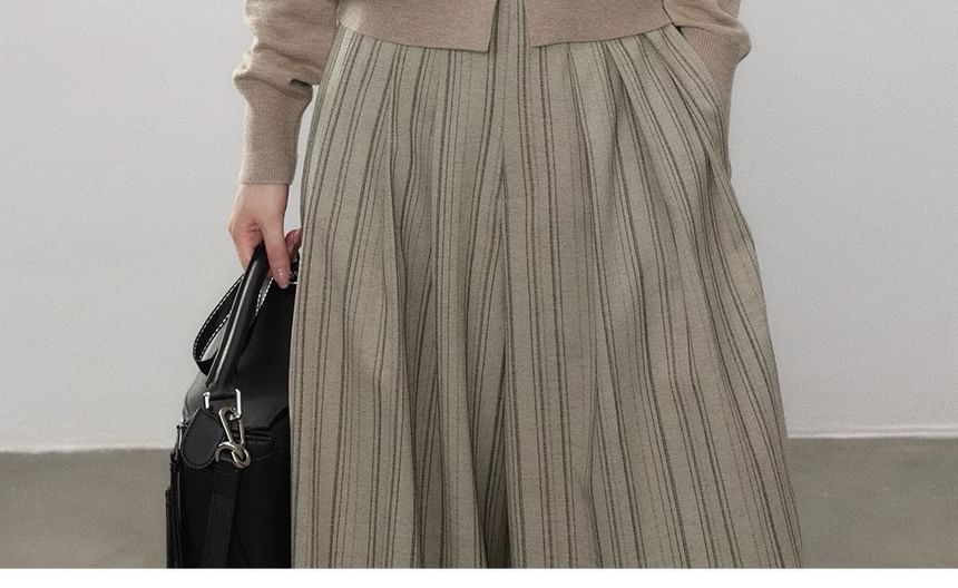 Long Sleeve V-Neck Mock Two Piece Button Knit Top / High Waist Striped Wide Leg Pants
