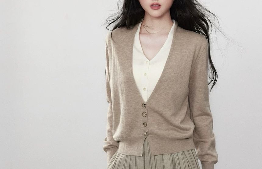 Long Sleeve V-Neck Mock Two Piece Button Knit Top / High Waist Striped Wide Leg Pants