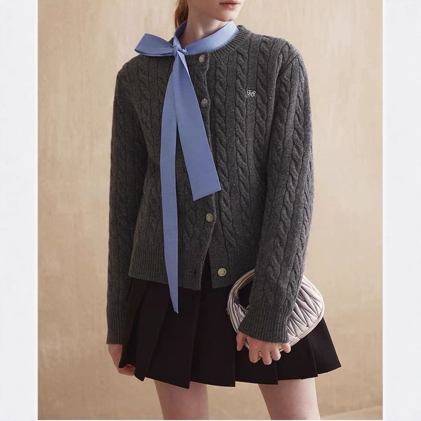 Round Neck Melange Embroidered Cable Knit Cardigan