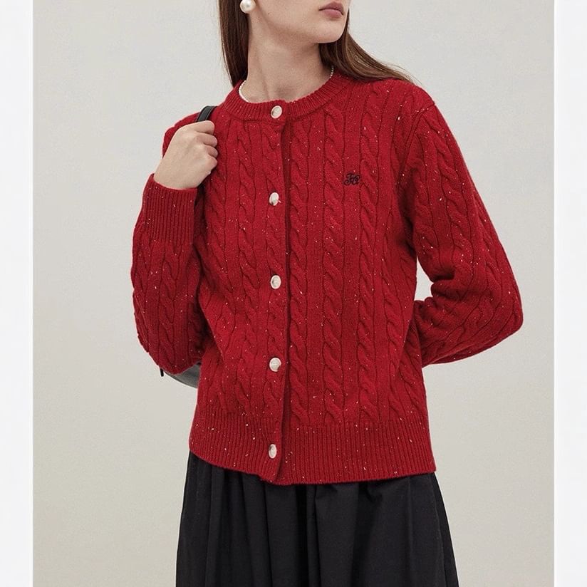 Round Neck Melange Embroidered Cable Knit Cardigan