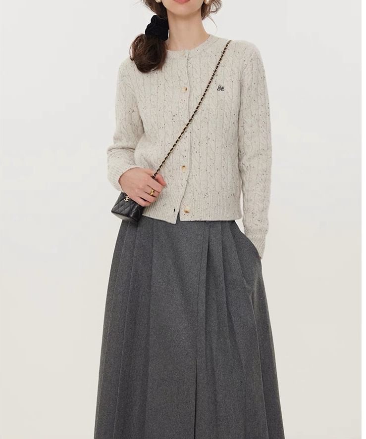 Round Neck Melange Embroidered Cable Knit Cardigan