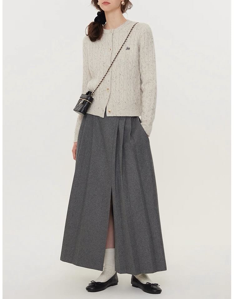 Round Neck Melange Embroidered Cable Knit Cardigan