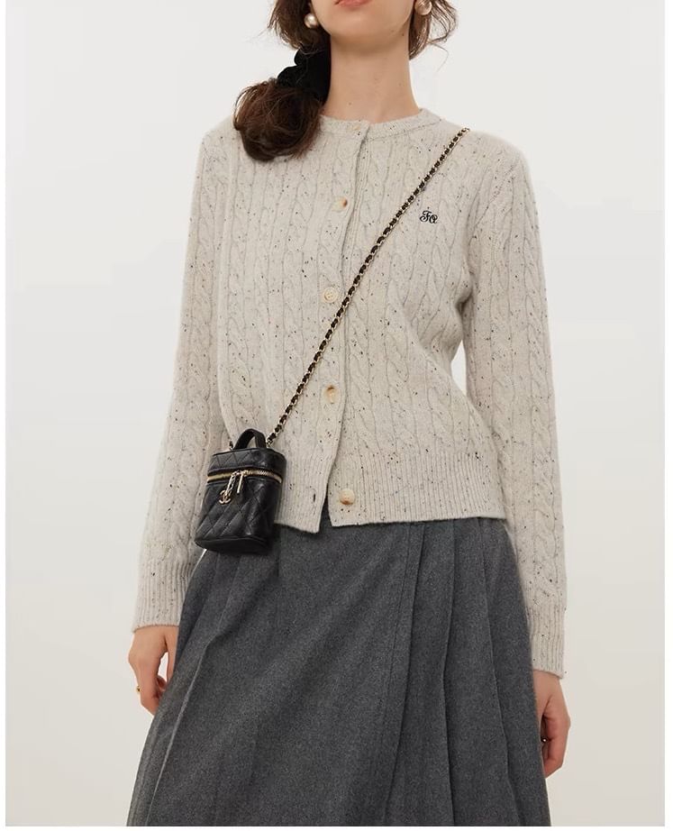 Round Neck Melange Embroidered Cable Knit Cardigan