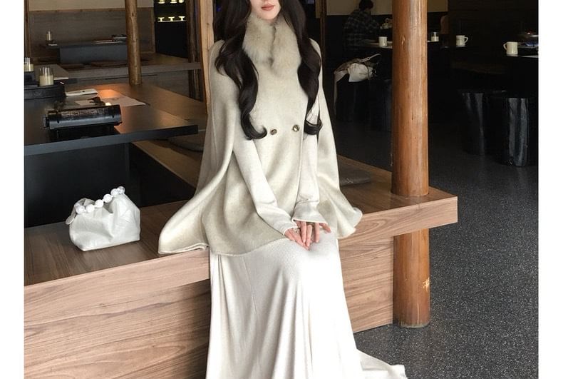 Detachable Faux Fur Collar Plain Double Breasted Cape