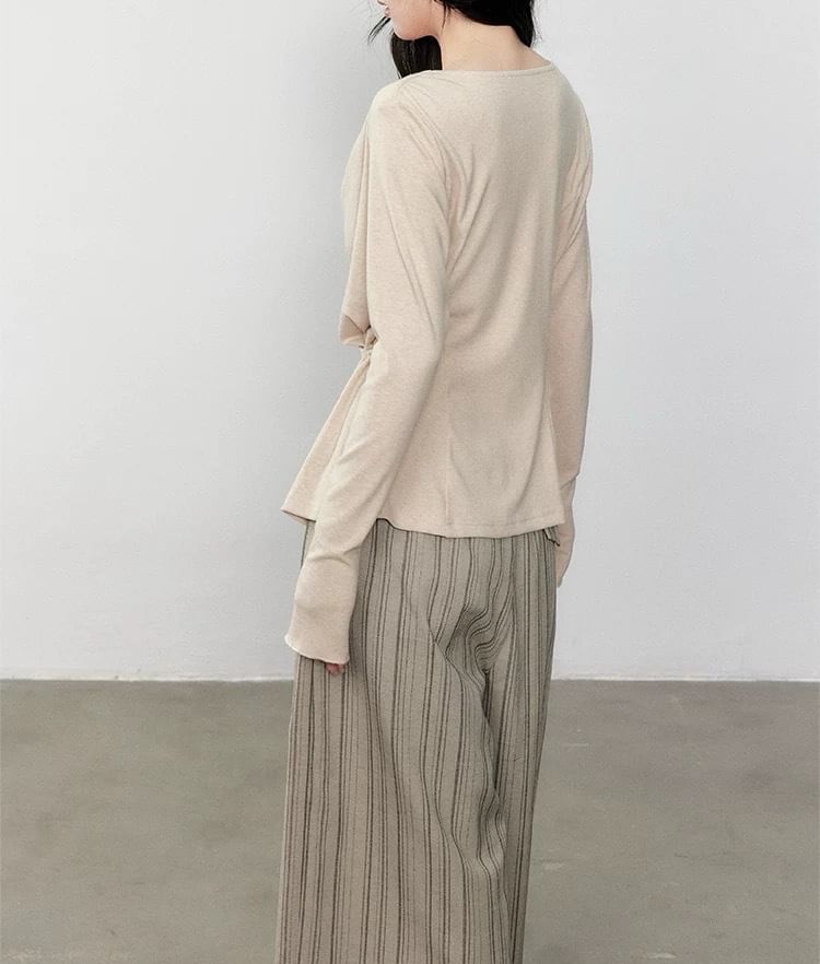 Long Sleeve Cowl Neck Plain Ruched Top / High Waist Striped Wide Leg Pants