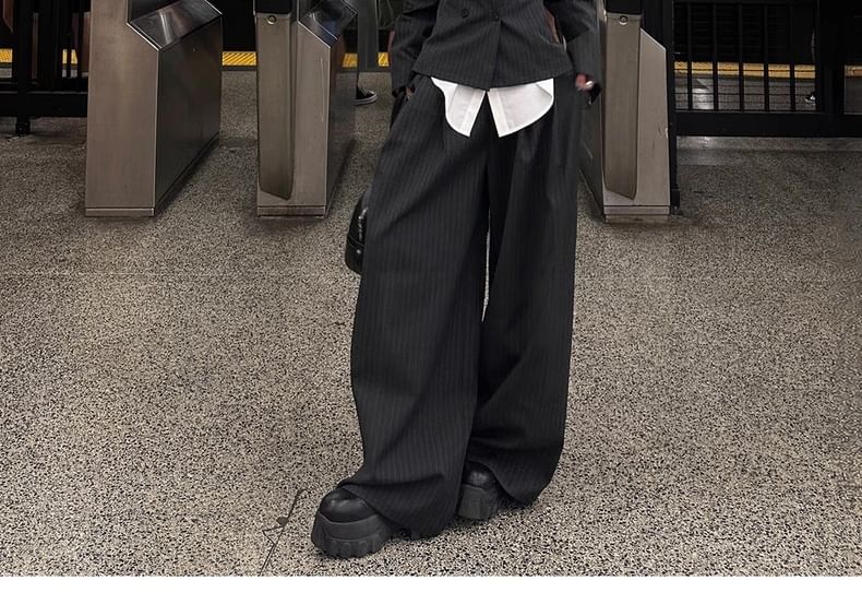 Peak Lapel Pinstriped Double Breasted Blazer / High Waist Wide Leg Dress Pants / Long Sleeve Collared Plain Shirt