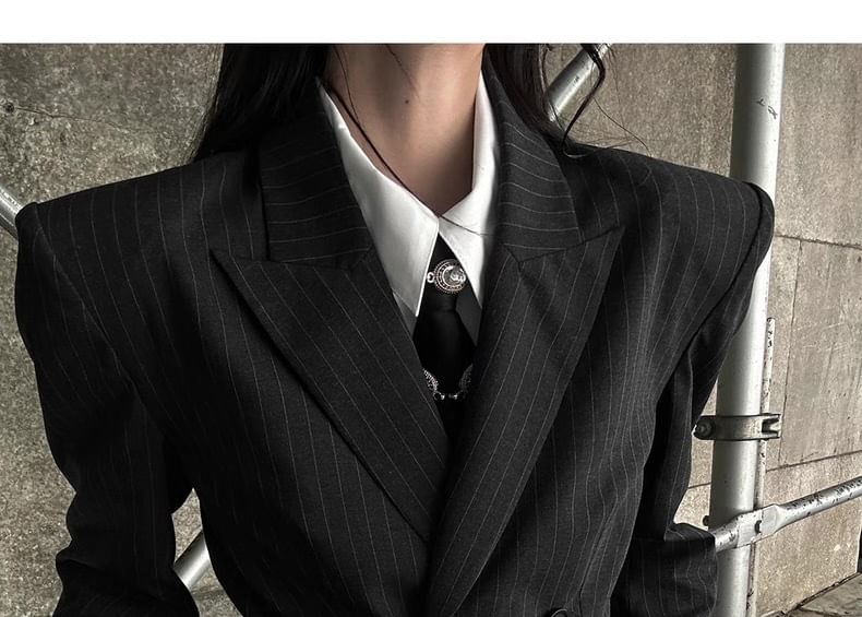 Peak Lapel Pinstriped Double Breasted Blazer / High Waist Wide Leg Dress Pants / Long Sleeve Collared Plain Shirt
