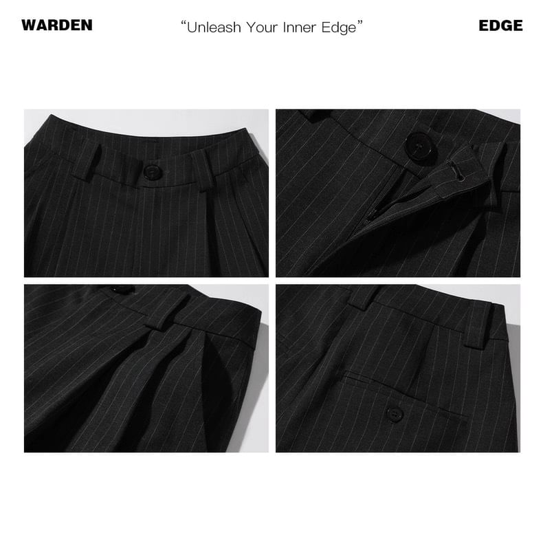 Peak Lapel Pinstriped Double Breasted Blazer / High Waist Wide Leg Dress Pants / Long Sleeve Collared Plain Shirt