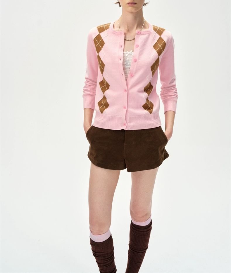 Round Neck Argyle Cardigan